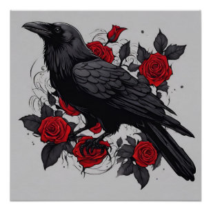 Pôster Raven Preto e Rosas vermelhas