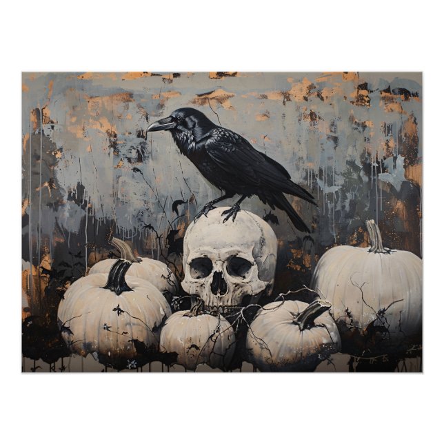 Pôster Raven Skull e White Pumpkins Painting (Frente)