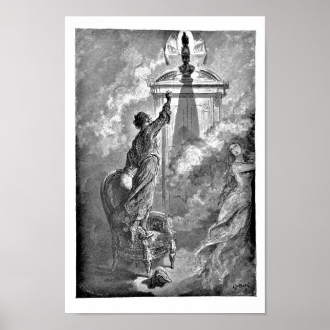 Pôster Raven sobre a Ilustração Bust Edgar Allan Poe Dore (Frente)