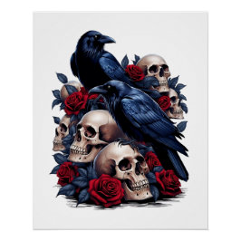 Pôster Ravens e Rosas: Design de crânio gótico