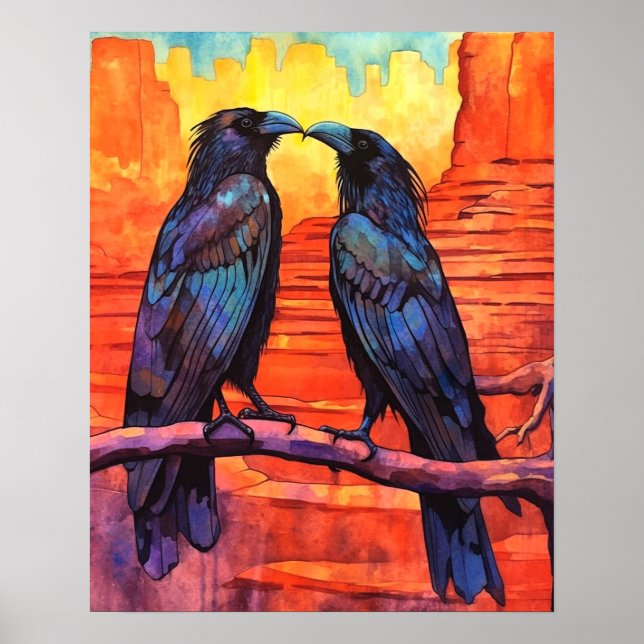 Poster Ravens Navajo Desert Estilo de Arte Nativo #NR111 (Frente)