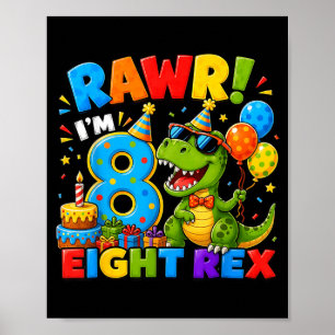 Poster Rawr 8 Oito Rex Dinossauro 8º Aniversário Festa Me