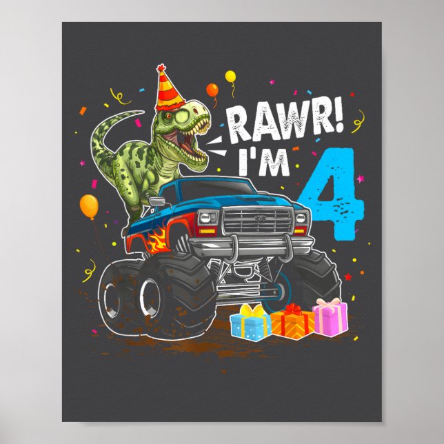 Poster Rawr I'm 4 4th Birthday T Rex Dinosaur Funny Party (Frente)