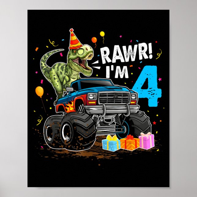 Poster Rawr I'm 4 4th Birthday T Rex Dinosaur Funny Party (Frente)