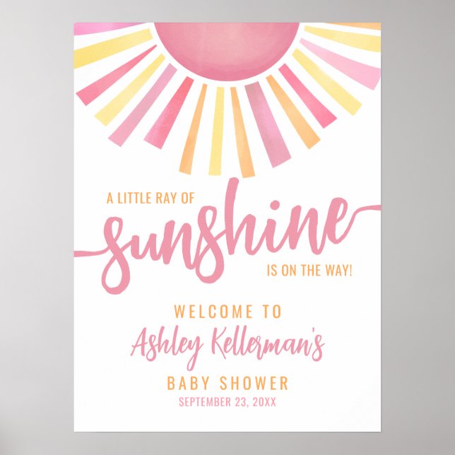 Poster Ray Of Sunshine Pink Sun Baby Shower Welcome Sign (Frente)