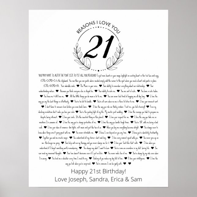 Poster razões pelas quais te amo aniversário de 21 anos P (Frente)