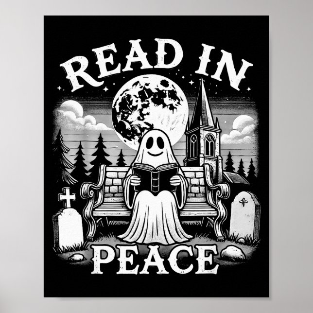 Poster Read In Peace Ghost Reading Books Funny Halloween  (Frente)