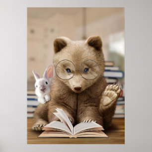 Poster Reader Gift Bear And Rabbit Read Books