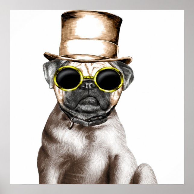 Poster Really Cute Steam Pug With Glasses (Frente)