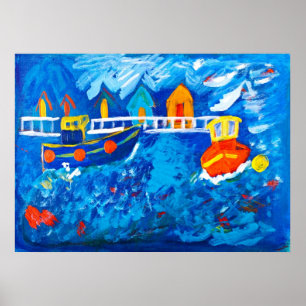 Pôster Reboque barcos na pintura acrílica do mar pelo