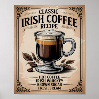 Poster Receita Clássica de Café Irlandês Cozinha Rústica