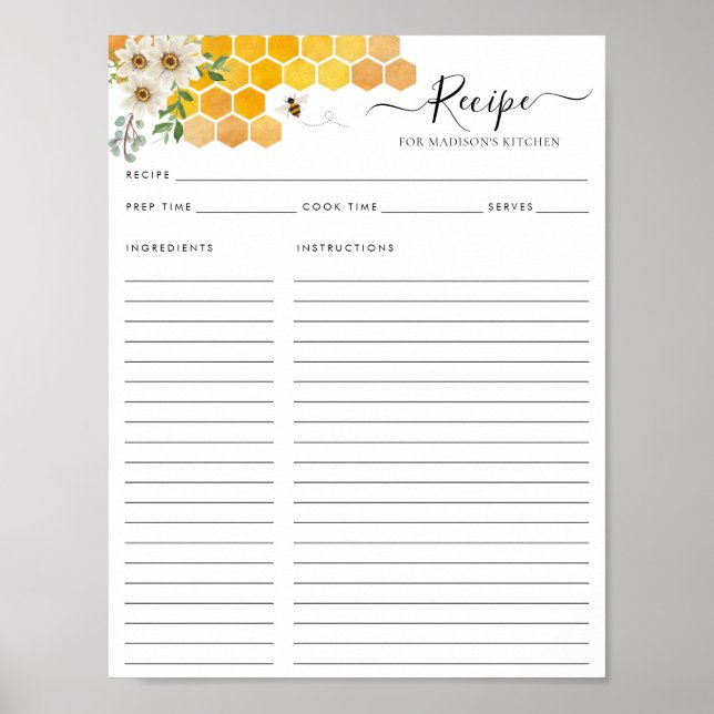 Poster Receita da Cozinha de Abelhas de Honeycomb Floral (Frente)