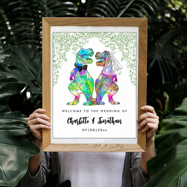 Poster Recepção Colorida de Casamento com Tema de Dinossa (Colorful dinosaur themed wedding welcome poster with funny T-Rex bride and groom and Jurassic jungle)