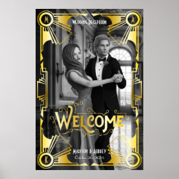 Poster Recepção de casamento Art Deco Bem-vindo Dourado e