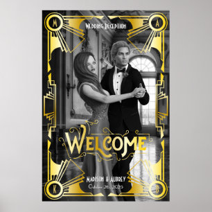 Poster Recepção de casamento Art Deco Bem-vindo Dourado e