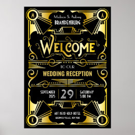 Poster Recepção de casamento Art Deco Bem-vindo Dourado e