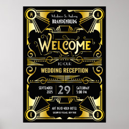 Poster Recepção de casamento Art Deco Bem-vindo Dourado e