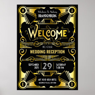 Poster Recepção de casamento Art Deco Bem-vindo Dourado e