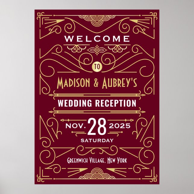 Poster Recepção de casamento Art Deco Dourada Burgundy Bo (Frente)