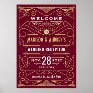 Poster Recepção de casamento Art Deco Dourada Burgundy Bo