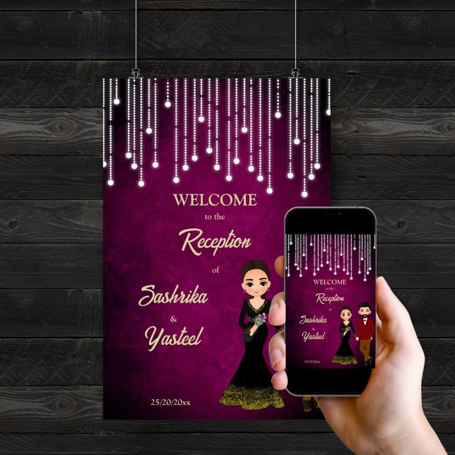 Poster Recepção de casamento indiana, sinal de boas-vinda (Indian wedding reception cute couple cartoon editable template welcome sign poster digital download)