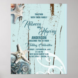 Poster recepção de casamento na praia de concha azul aqua