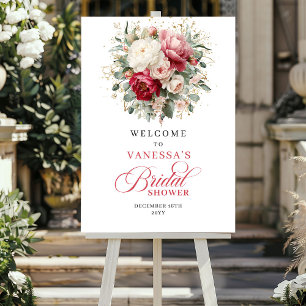 Poster Recepção de Chá de Bebê Floral em Dourado Burgundy