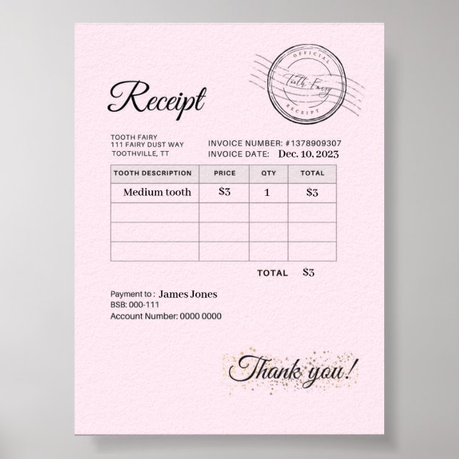 Poster Recepção de Moeda de Travesseiro de Fada de Dente  (Frente)