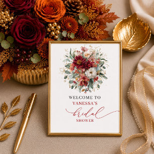 Poster Recepção romântica de outono marsala floral chá de