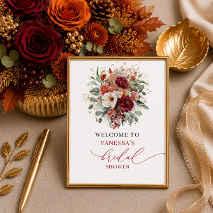 Poster Recepção romântica de outono marsala floral chá de