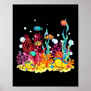 Poster Recife de Coral Aquarela Com Peixes, Belo Mundo Su