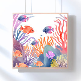 Poster Recife de Coral | Peixes Coloridos à Guache Oceano
