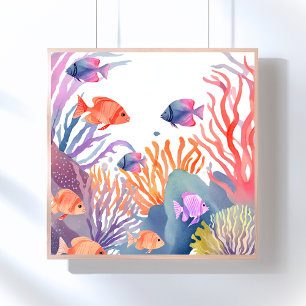 Poster Recife de Coral   Peixes Coloridos de Aquarela Oce