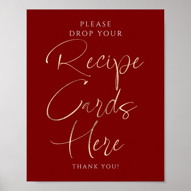 Poster Recipe Cards Red and Gold Bridal Shower Sign (Frente)