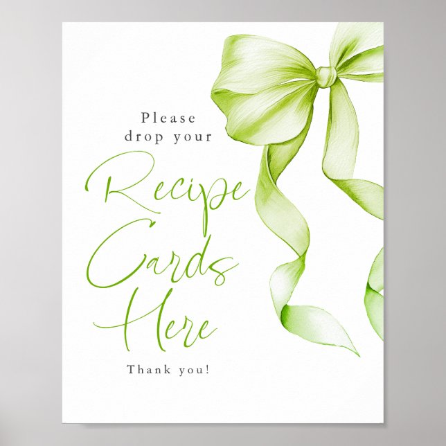 Poster Recipe Cards Sage Green Bow Bridal Shower Sign (Frente)
