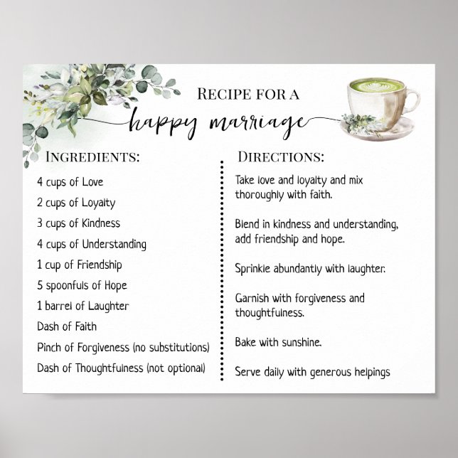 Poster Recipe for a Happy Marriage Greenery Matcha (Frente)