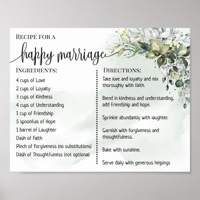 Poster Recipe for a happy marriage newlyweds eucalyptus (Frente)