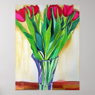 Poster Red and Pink tulips watercolor flowers art