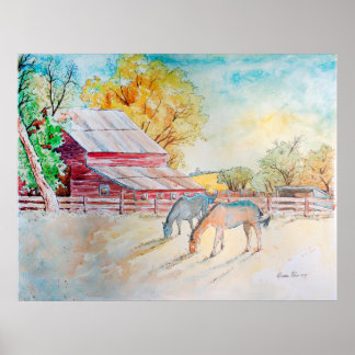 Poster Red Barn and Horses in Pasture