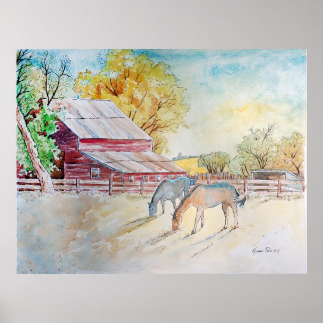 Poster Red Barn and Horses in Pasture (Frente)