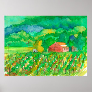 Poster Red Barn Mountain Vineyard Watercolor