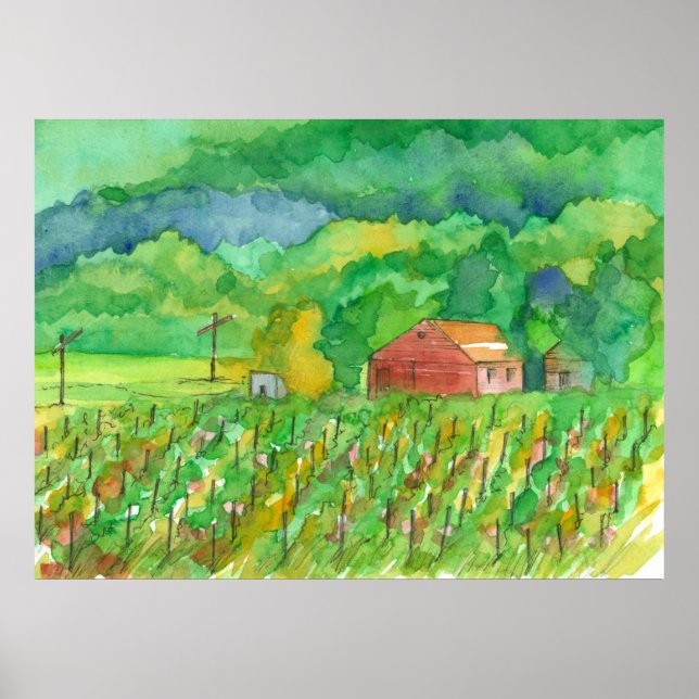 Poster Red Barn Mountain Vineyard Watercolor (Frente)