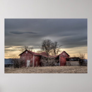 Poster Red Barn Winter Trees HDR Fotografia