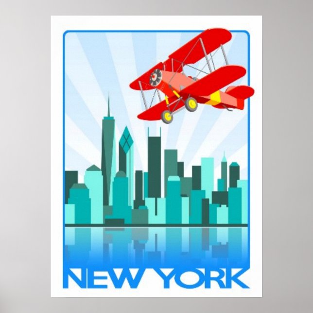 Poster Red Biplane sobre Nova York - Design (Frente)