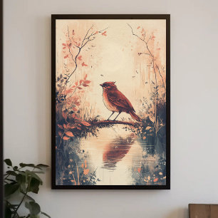 Poster Red Bird and Water Nature Animal Willife Aestheti