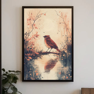 Poster Red Bird and Water Nature Animal Willife Aestheti