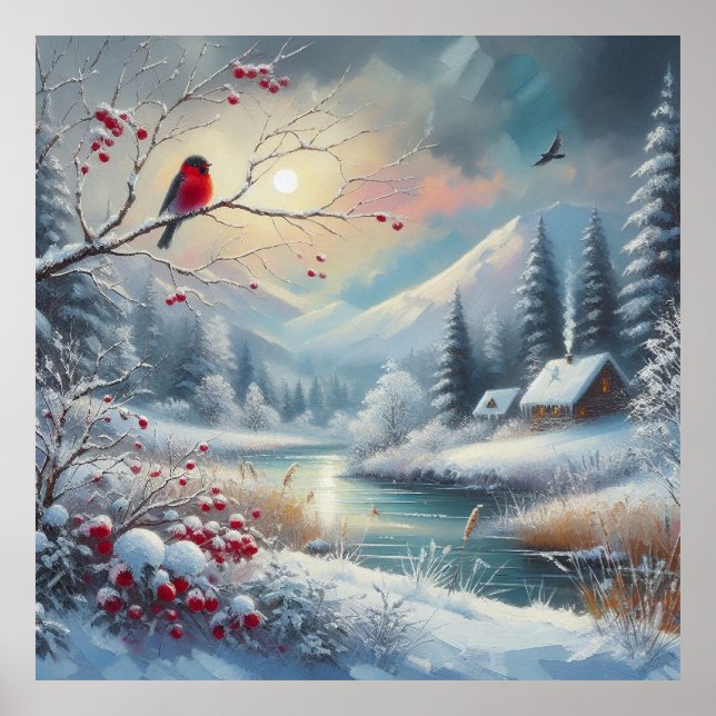 Poster Red Bird e Winter Landscape 5 (Frente)