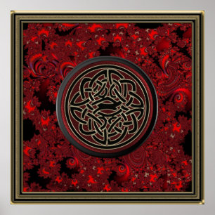 Poster Red Black and Metallic Gold Celtic Knot on Fractal