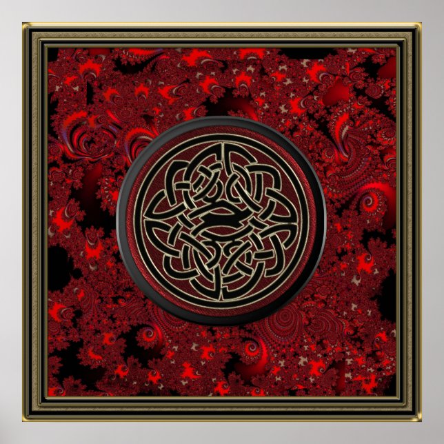 Poster Red Black and Metallic Gold Celtic Knot on Fractal (Frente)