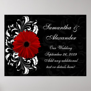 Poster Red, Black and White Scroll Gerbera Daisy